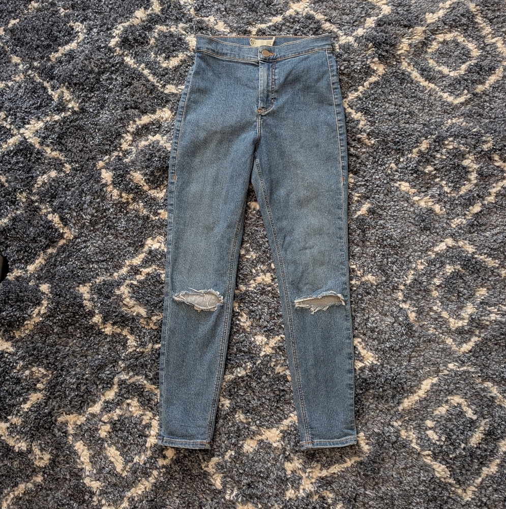 TopShop MOTO JONI Blue Skinny High-Waisted Distressed Jeans, W26 L28